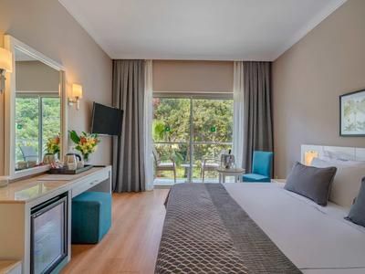 Camera d'hotel moderna con letto matrimoniale, scrivania, TV e vista su terrazza e giardino.