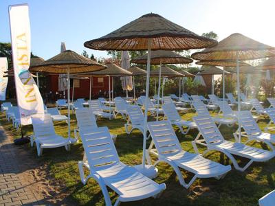 Białe leżaki i parasole ze słomy na słonecznym trawniku pod czystym niebem.