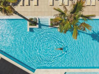 Blick von oben auf einen Swimmingpool mit Palmen und einer Person im Wasser.