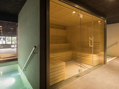 Modern sauna room with wooden benches and glass door beside a water pool area.