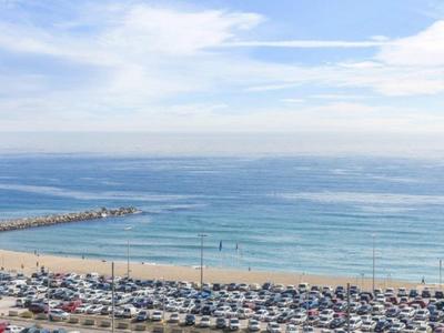 Strand mit Sand, vielen geparkten Autos und blauem Himmel mit Wolken über dem Meer.