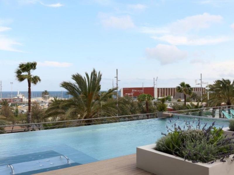 Piscina infinity con palme e vista mare sotto un cielo limpido