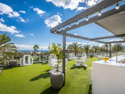 Terrazza sul tetto con prato verde, palme e vista sul mare con cielo soleggiato.