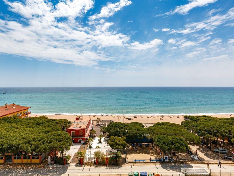 Strandzicht met blauwe lucht, bomen en gebouwen op de voorgrond