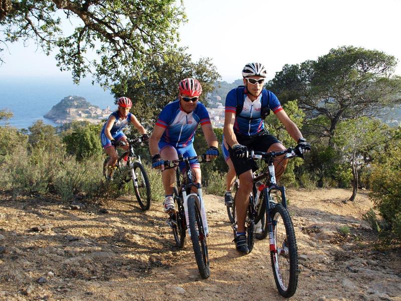 Three cyclists in sportswear riding on a forest trail with sea view.