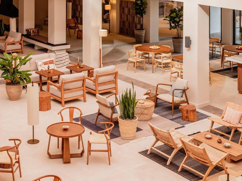 Bright, modern hotel lounge area with wooden furniture and abundant plants.