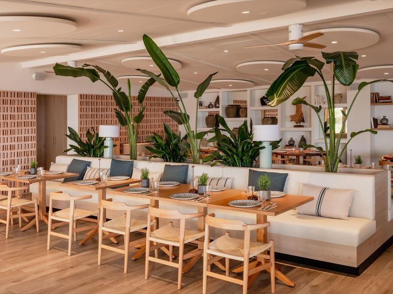 Bright restaurant area with wooden furniture, white sofa, and large green plants.
