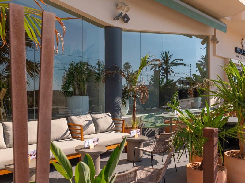 Terraza de hotel con asientos y plantas en macetas bajo un toldo, vista de palmeras afuera.