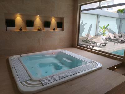 Binnenzwembad met bubbelbad en uitzicht op buitenzwembad met ligbedden en planten.