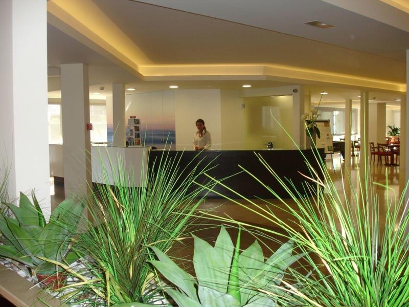 Hall d'hôtel lumineux avec des plantes vertes et un comptoir de réception en arrière-plan.