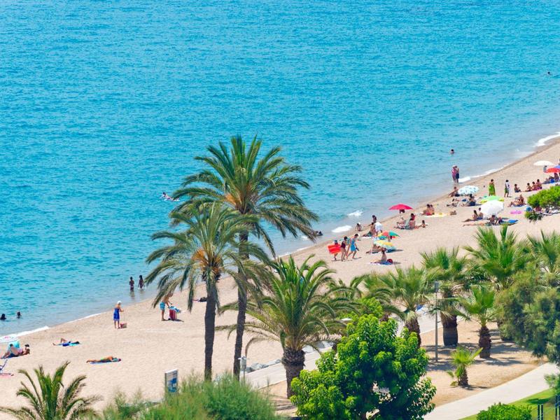 Pláž s palmami, modrým mořem a lidmi odpočívajícími na písku.