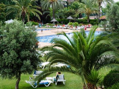 Giardino verde con lettini e piscina circondata da palme.