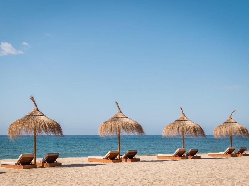 Four straw umbrellas and lounge chairs on a sandy beach by calm ocean under a clear blue sky.