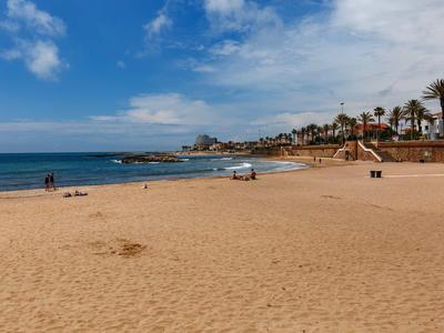 Weicher Sandstrand mit blauem Himmel, Palmen und wenigen Menschen am Wasser.