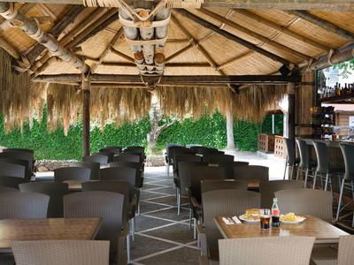 Buitenbar van hotel met donkere stoelen, tafels en rieten dak onder groene planten.