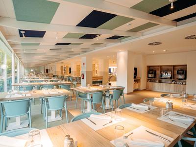 Salle à manger lumineuse et moderne avec tables en bois et chaises bleues dans un hôtel.
