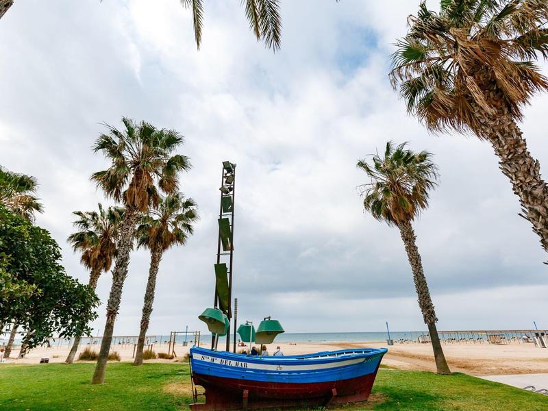 Bateau bleu sur l'herbe avec des palmiers sur une plage sous un ciel nuageux.