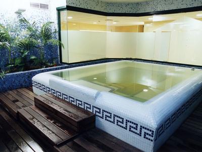 Indoor jacuzzi with wooden steps and plants in the corner of a room.