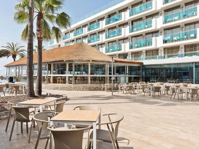 Moderner Hotelbereich mit Außenmöbeln, Palmen und direktem Zugang zum Meer.