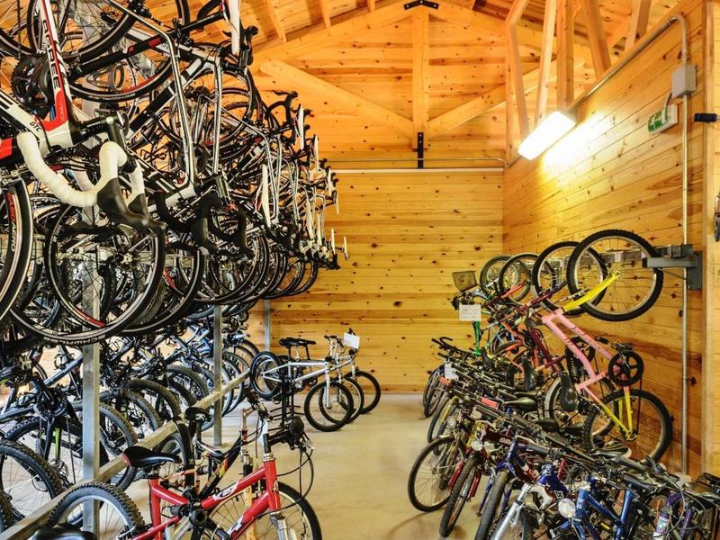 Well-organized bike storage room with numerous bicycles inside a wooden building.
