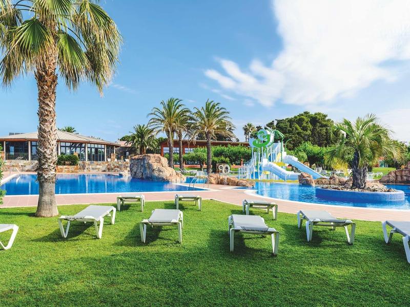 Hotel pool with water slides, sun loungers, and palm trees on green grass in sunny weather