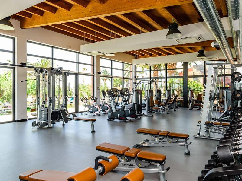 Spacious gym with modern equipment and large windows letting in plenty of light.
