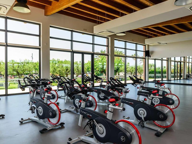 Gym with stationary bikes and large windows overlooking greenery.