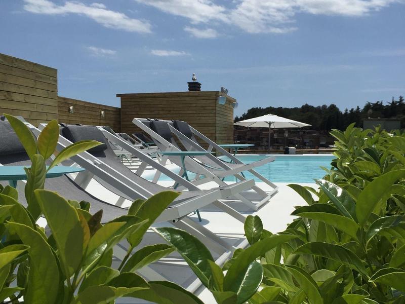 Piscina con tumbonas y plantas verdes bajo un cielo azul con nubes.