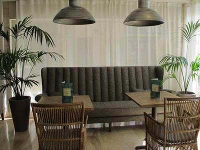 Cozy seating area with sofa, chairs, and two tables in a bright room with plants.