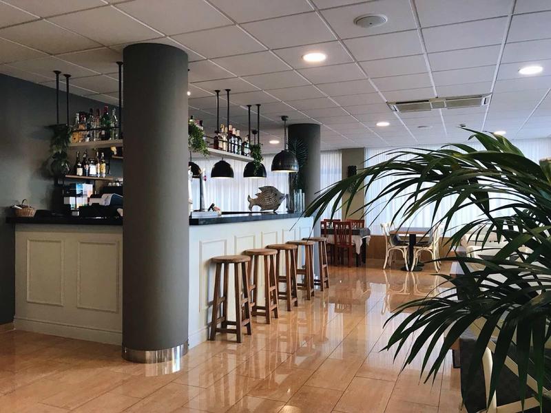 Modern hotel bar area with wooden stools, plants, and large windows letting in daylight.