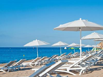 Plaża z leżakami i parasolami nad czystym niebieskim morzem pod niebieskim niebem.