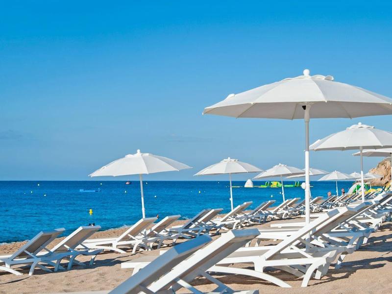 Plaża z leżakami i parasolami nad czystym niebieskim morzem pod niebieskim niebem.