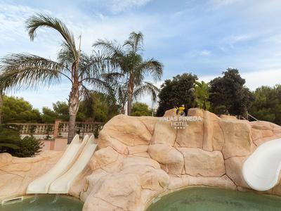 Poolbereich mit Wasserrutschen und künstlichen Felsen, umgeben von Palmen und Bäumen.
