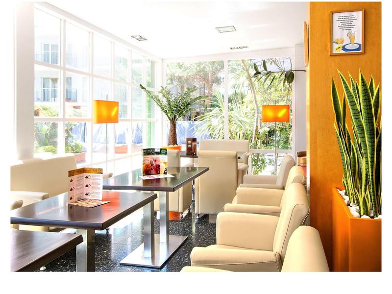 Heller Warteraum mit beigen Sesseln, Glasfenstern, grünen Pflanzen und orangenen Wänden.