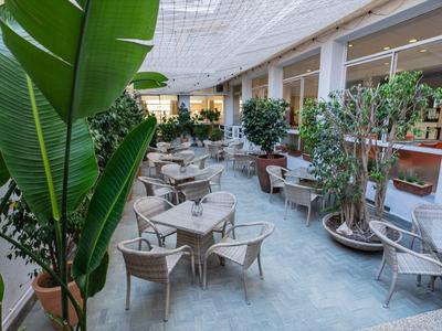 Patio interior luminoso con grupos de asientos y grandes plantas bajo un techo de cristal.