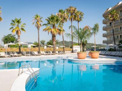 Hotel pool with lounge chairs and palm trees under sunny clear skies.