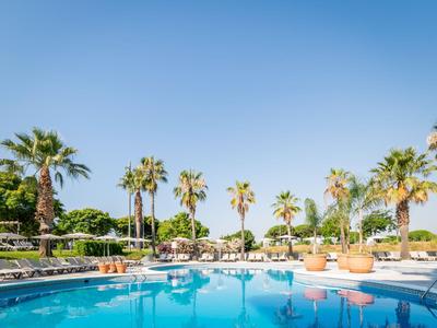 A large outdoor pool with blue water, surrounded by palm trees and sun loungers under a clear sky.