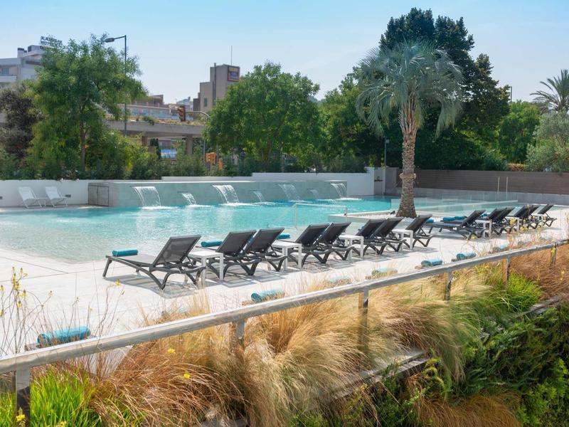 Area piscina moderna con lettini e una palma in un hotel.