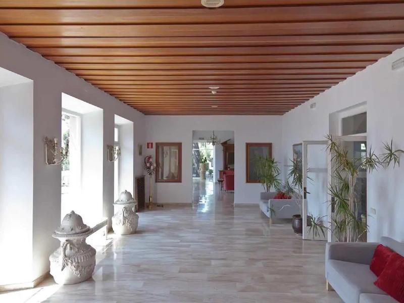 Světelná hotelová chodba s dřevěným stropem, velkými okny, sedadly a rostlinami.