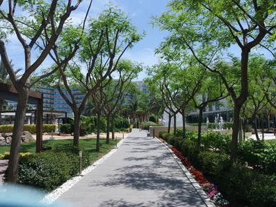 Ampio sentiero con alberi e aree di sosta in un giardino dell'hotel