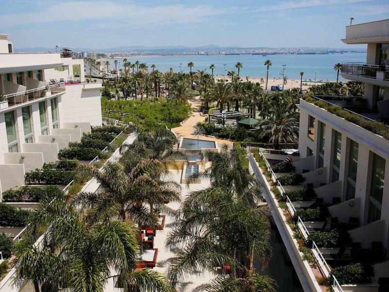 Resort garden with palm trees, two large hotel buildings, pool, and sea view in the distance.