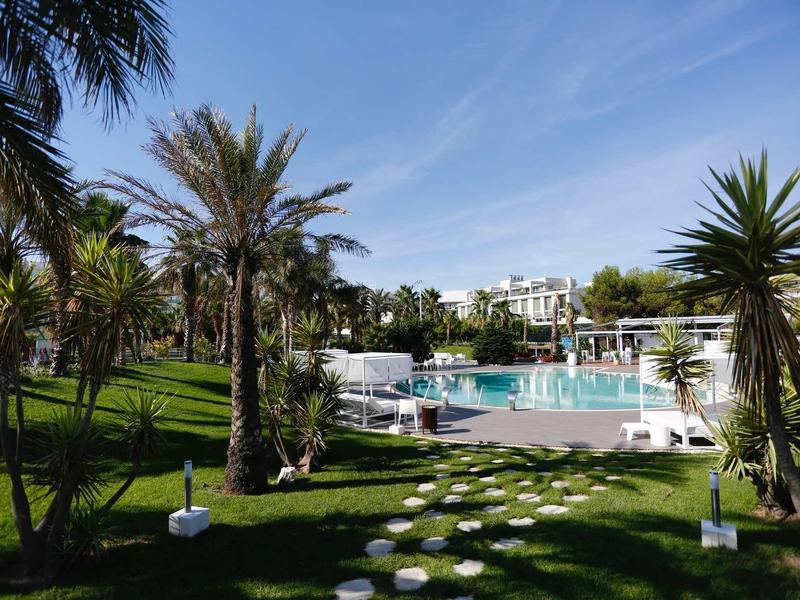 Resort pool surrounded by palm trees and lush green lawn under a clear blue sky.