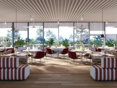 Moderne hotel eetruimte met gestreepte sofa's en uitzicht op de tuin door grote ramen.