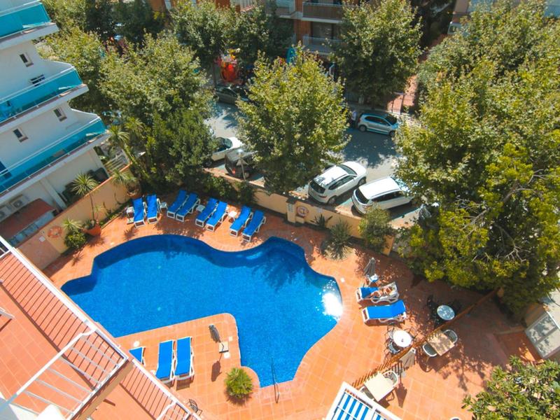 Pohled na hotelový bazén s modrými lehátky a okolními stromy.