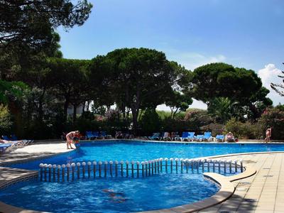 Basen na zewnątrz z parasolami i leżakami w zalesionym obszarze hotelowym