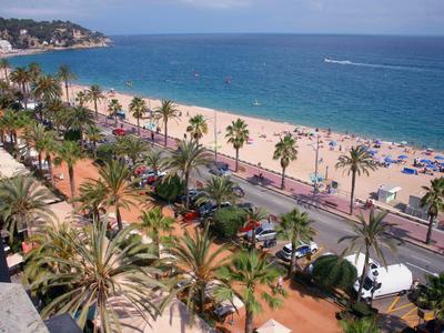 Beach with palm trees, blue sea, visitors, and a busy street with a promenade beside it.