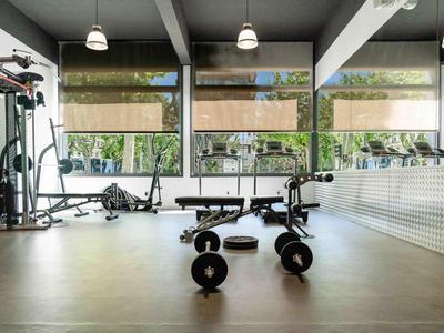 Equipo de gimnasio moderno con mancuernas, máquinas de entrenamiento y grandes ventanas en una habitación luminosa.