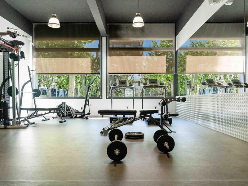 Modern gym equipment in a bright workout room with large windows.