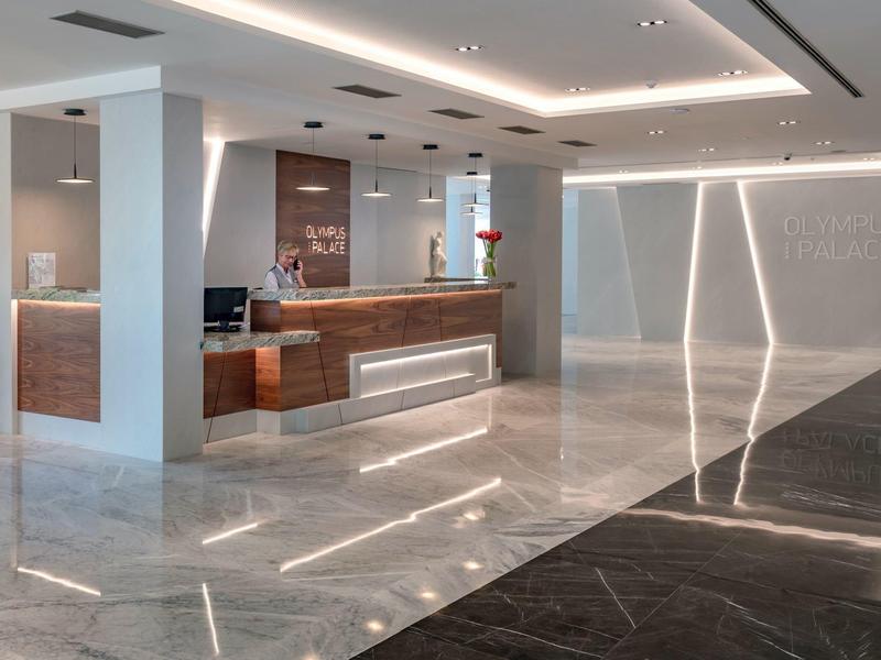 Recepción moderna con mostrador de madera, suelo reflectante y luces LED en techo y paredes.