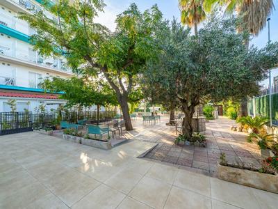 Courtyard with large trees and seating areas, surrounded by hotel buildings.